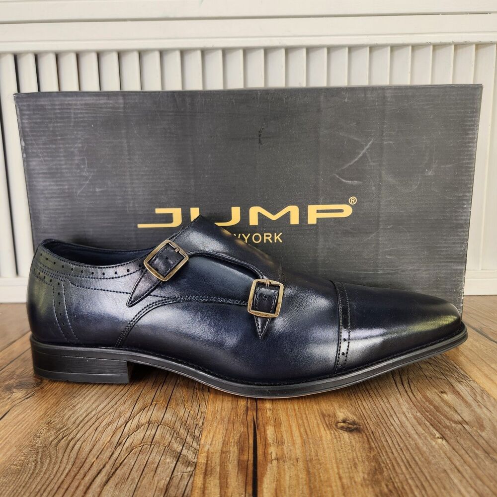 Jump New York Manolo Double Monk Strap Dress Shoes Mens Sz 10M Navy Blue Leather